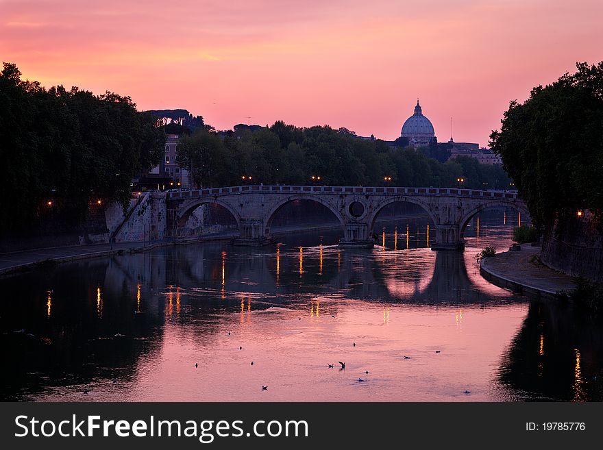 Panoramic view of St. Peter's Basilica and the Vatican City (with the river Tiber winding around it) - Rome, Italy