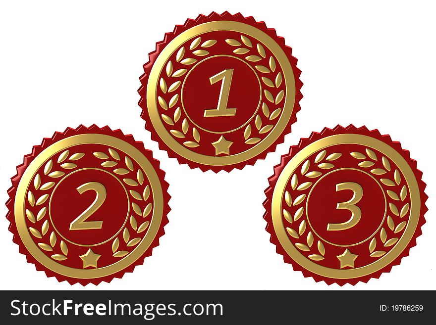 Red awards with golden elements isolated on white background.