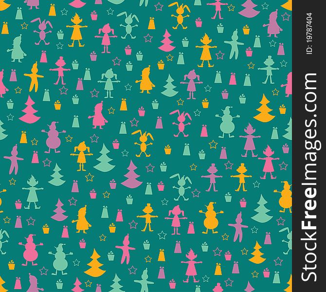 Christmas seamless pattern with girl, boy, Santa, elf, deer, tree and present