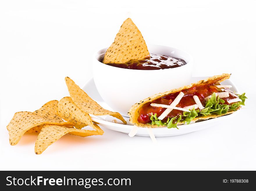 Mexican tacos with nachos isolated over white background