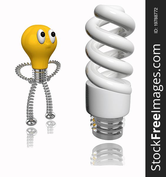 Orange cartoon bulb looking at energy saving bulb