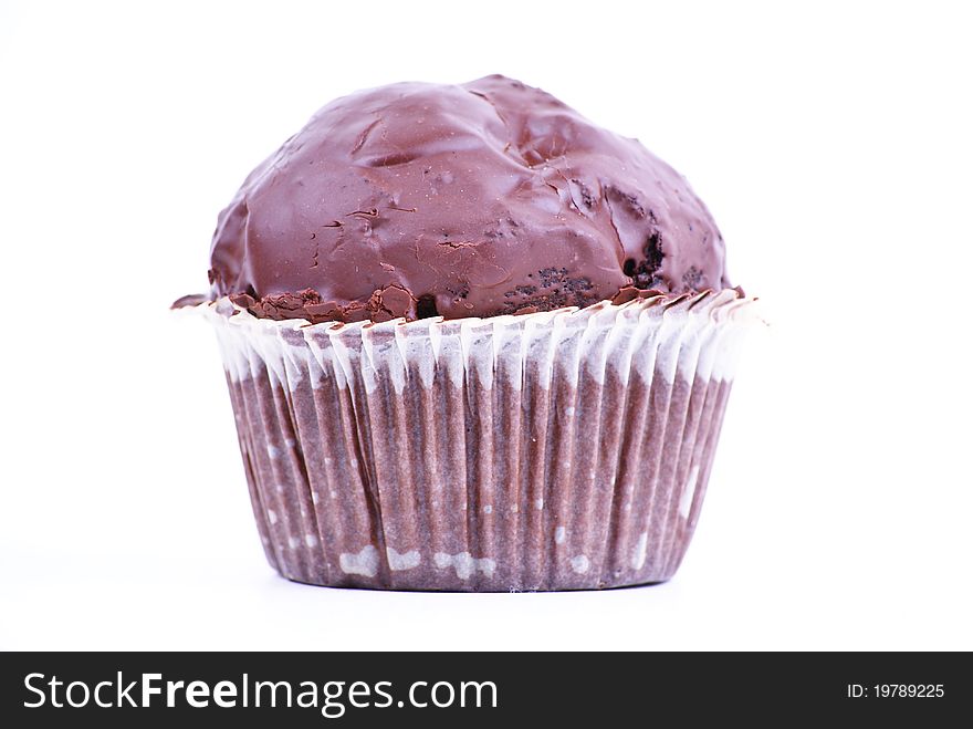 Chocolate muffin on a white background