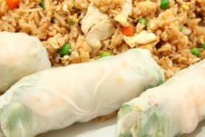 Shrimp Spring Rolls And Chicken Fried Rice Stock Photography