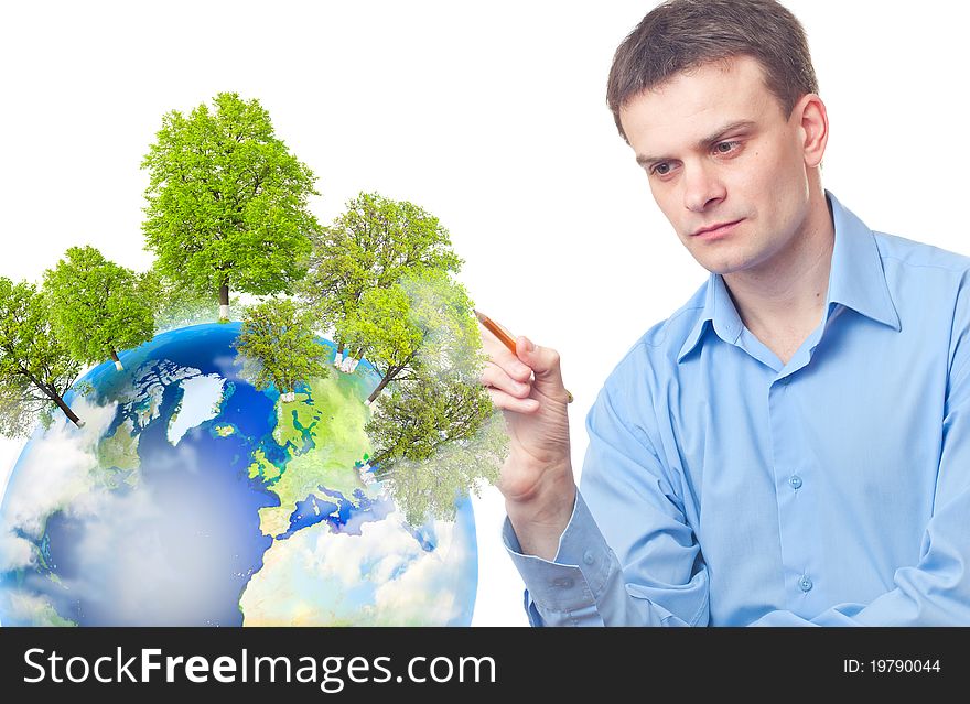 Caucasian businessman drawing tree on the Earth. Isolated on a white background