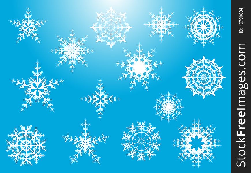 A set of snowflakes on a blue background. A set of snowflakes on a blue background