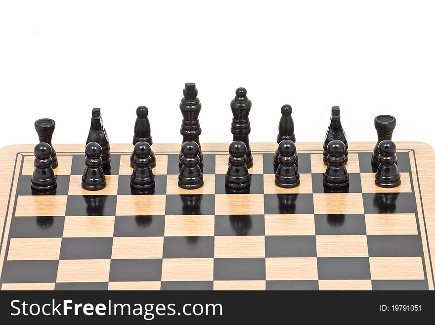 Chess battle on wood board on white background