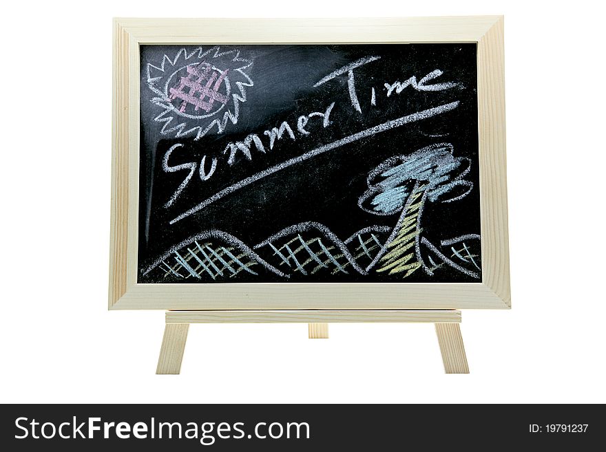 Chalk free drawing on chalkboard or blackboard with text Summer time. Chalk free drawing on chalkboard or blackboard with text Summer time