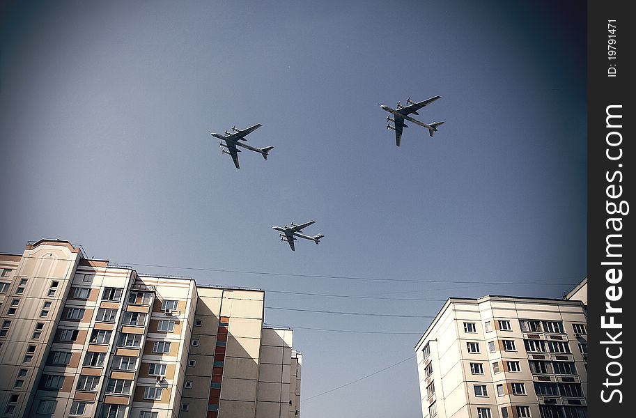 Military planes above the city at Day of Victory in Moscow