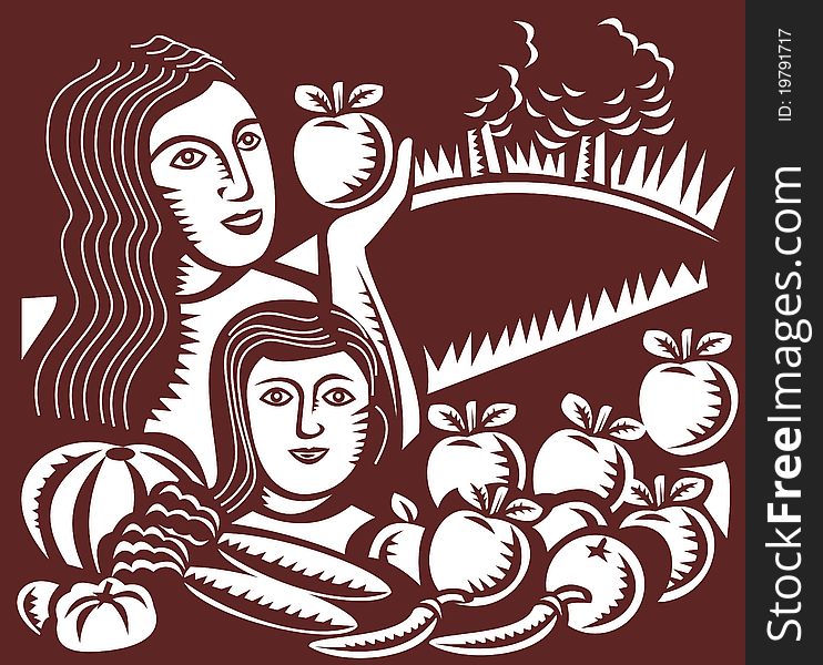 Illustration of a woman mother holding an apple with child daughter looking at fruit and vegetables done in retro woodcut style. Illustration of a woman mother holding an apple with child daughter looking at fruit and vegetables done in retro woodcut style