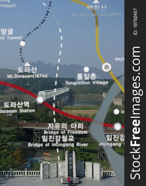 Demilitarized zone between North Korea and South Korea, foreground is map