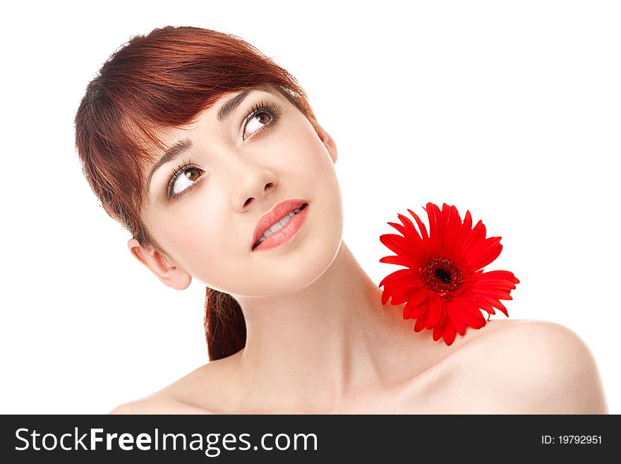 Beauty woman with flower over white background