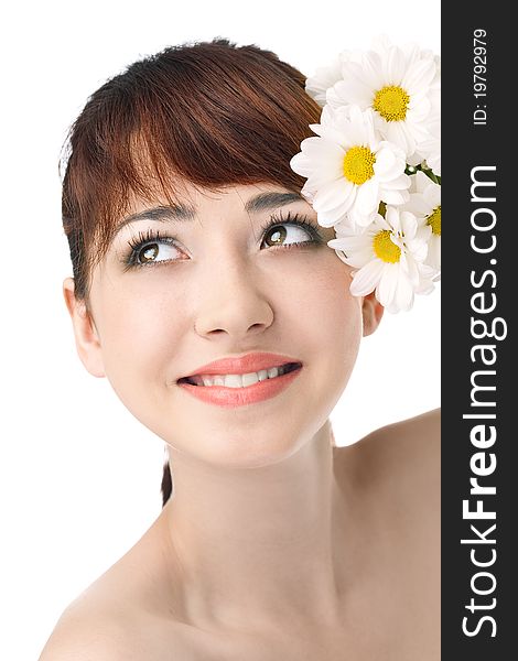 Beauty woman with flower over white background