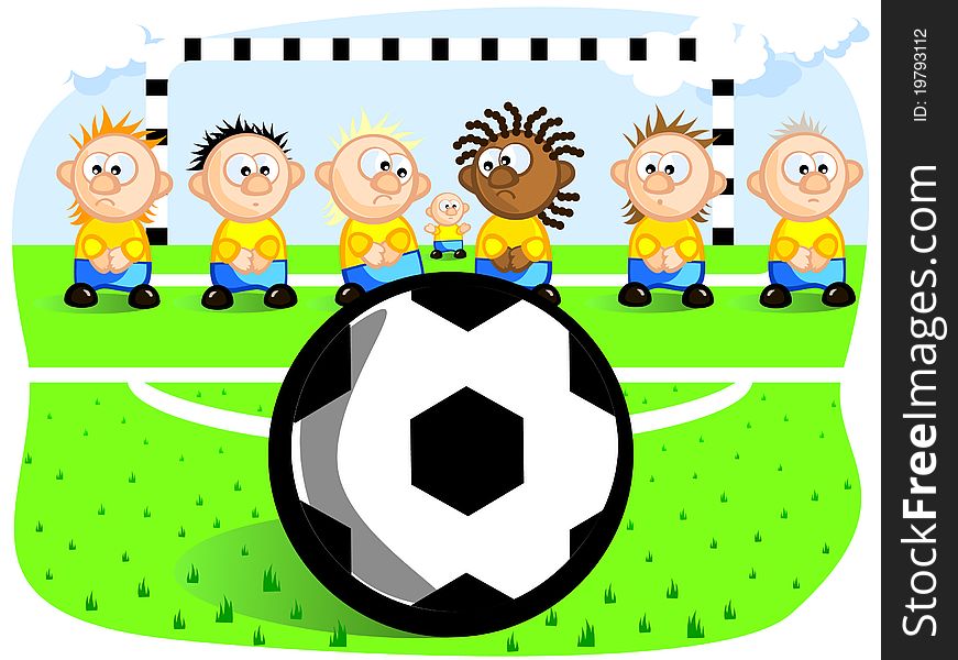 Football players are preparing for the penalty. Ball. Gates. Football field. Vector cartoon drawing. Jokes. Football players are preparing for the penalty. Ball. Gates. Football field. Vector cartoon drawing. Jokes.