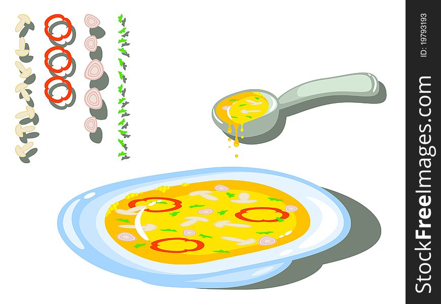 Ingredients for cooking and ready meal of them. Vector isolated. Mushroom soup. Vegetable stew. Vegetarian.