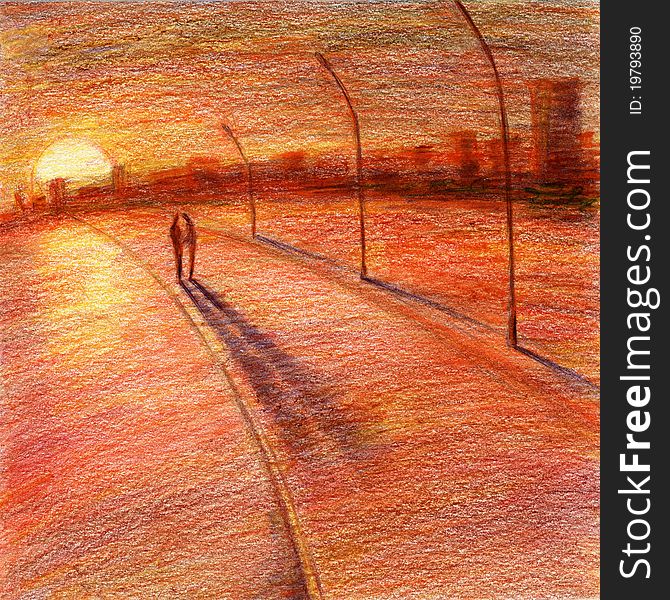 Some abstract color-pencils drawing. Two silhouette figures drop long shadows to the ground, staying on the street beside the highway. Warm colors. Some abstract color-pencils drawing. Two silhouette figures drop long shadows to the ground, staying on the street beside the highway. Warm colors.