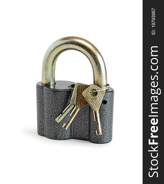 Three keys attached with padlock on white background. Isolated with clipping path. Three keys attached with padlock on white background. Isolated with clipping path