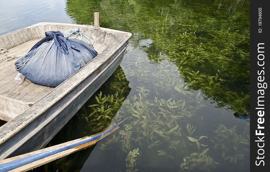 An old boat and a lake scene