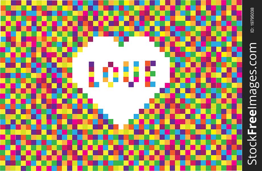 Funny checkered background made of crazy colour squares and white heart in the middle. Funny checkered background made of crazy colour squares and white heart in the middle