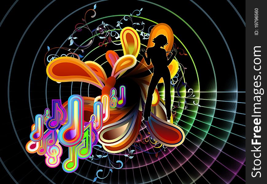 Interplay of musical symbols and abstract forms on the subject of music, song, performance and celebration. Interplay of musical symbols and abstract forms on the subject of music, song, performance and celebration