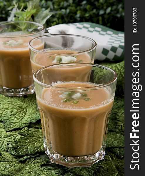 Detail Andalusian gazpacho served in a glass