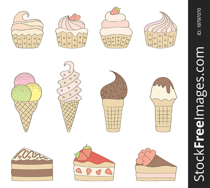 A set of cakes and ice creams. A set of cakes and ice creams.