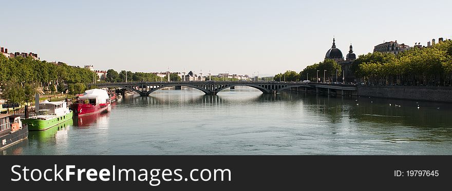 View over Rhone river in Lyon, France. View over Rhone river in Lyon, France.