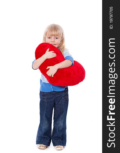 Little girl with red heart at hands, isolated