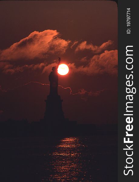 Statue of liberty stands in New York Harbor