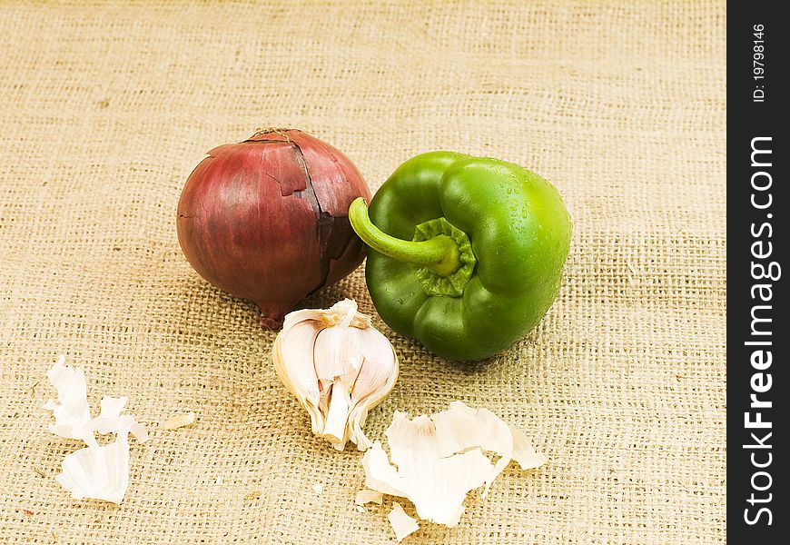 Green pepper onion and garlic. Green pepper onion and garlic
