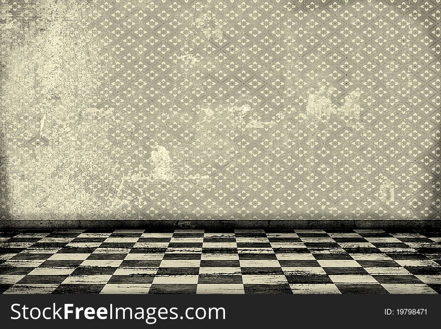 Old grunge room with  tiled floor and pattern wallpaper  black and white. Old grunge room with  tiled floor and pattern wallpaper  black and white