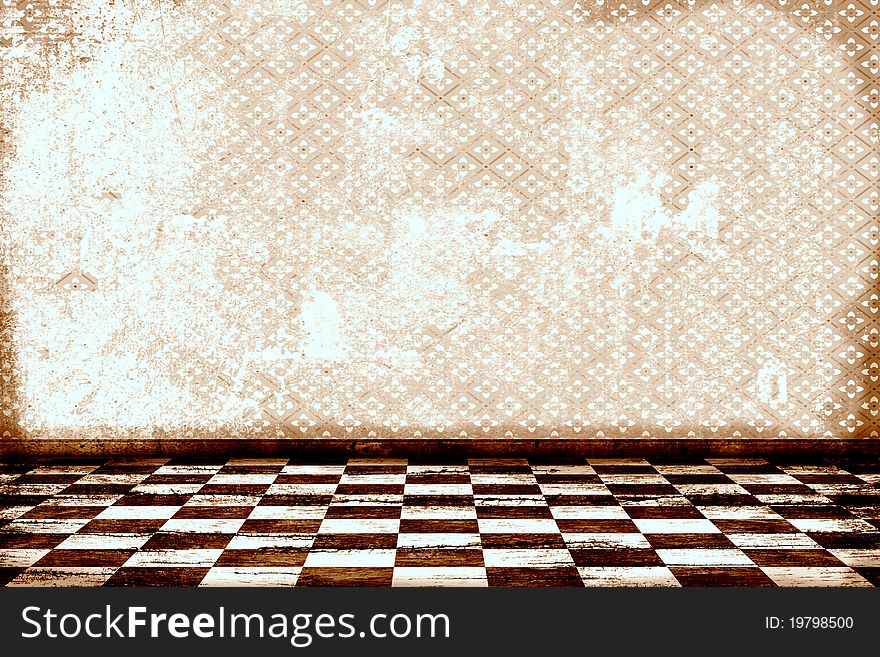 Old grunge room with tiled floor and pattern wallpaper in sepia. Old grunge room with tiled floor and pattern wallpaper in sepia