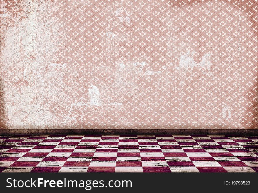 Old grunge room with pink tiled floor and pink pattern wallpaper. Old grunge room with pink tiled floor and pink pattern wallpaper