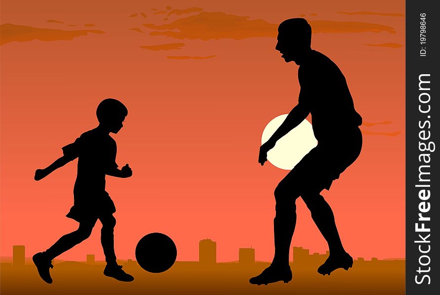 Man and boy play soccer against sunset sity, illustration. Man and boy play soccer against sunset sity, illustration