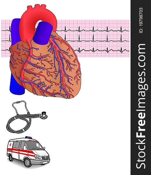 Human heart, ambulance car, stethoscope, and electrocardiogram on the white, illustration. Human heart, ambulance car, stethoscope, and electrocardiogram on the white, illustration