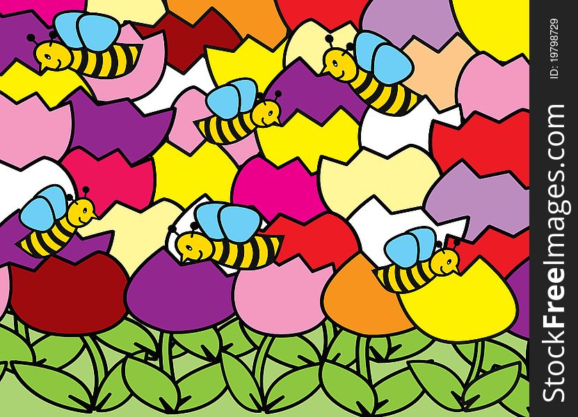 Tulips and bees on a background