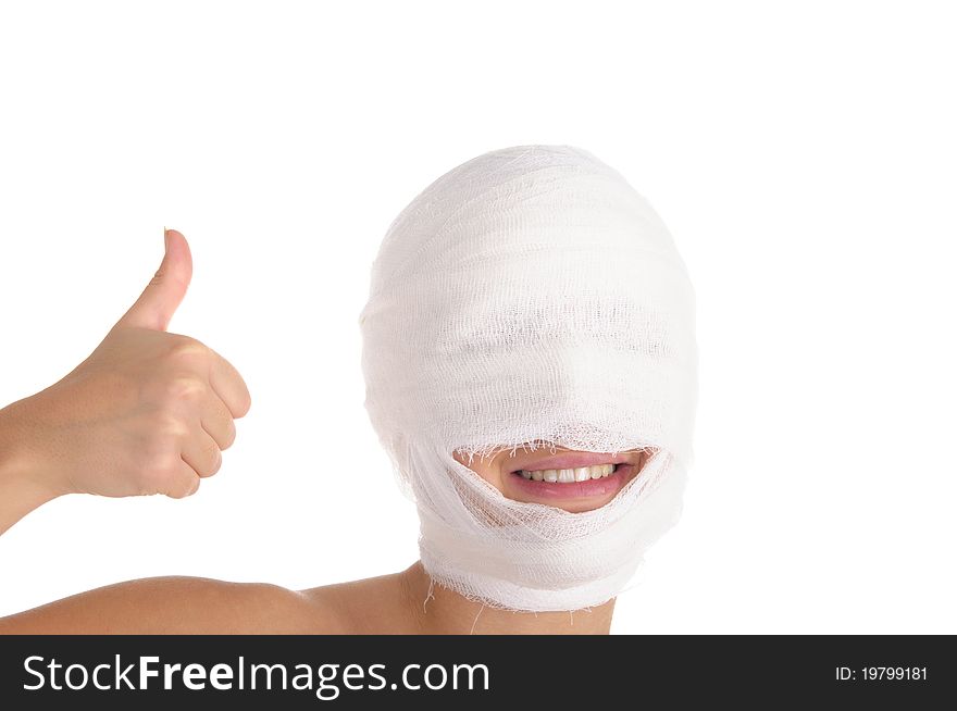 Satisfied woman with bandaged head isolated on white