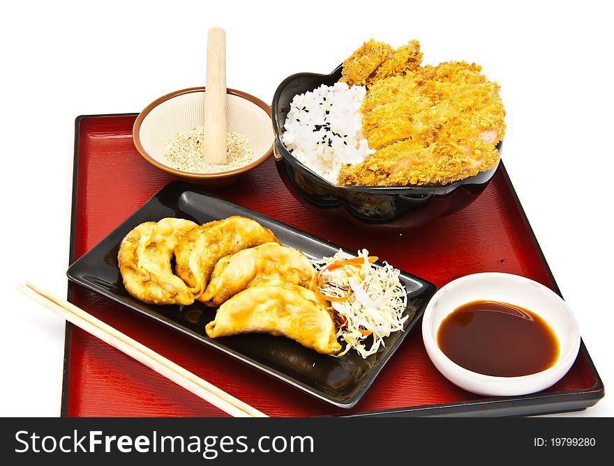 Japanese food style, rice with fried chicken and Fried Dumplings