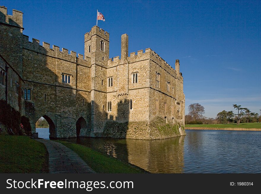 View of Leeds Castle in Kent, England with moat