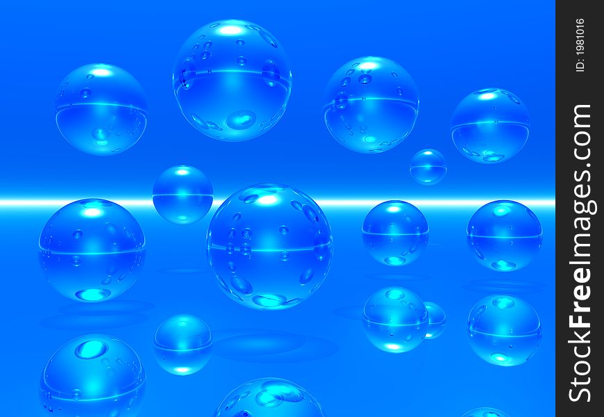 Rising blue balls with reflection on mirror surface - digital artwork. Rising blue balls with reflection on mirror surface - digital artwork.