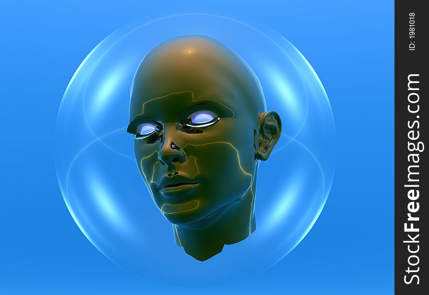 3D head in a transparent sphere - futuristic scene. 3D head in a transparent sphere - futuristic scene.