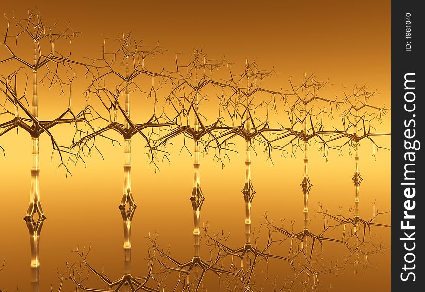Crystal trees row on gold background - 3d scene. Crystal trees row on gold background - 3d scene