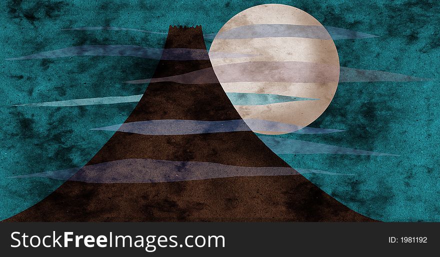 Sleeping volcano and full moon collage with paper texture. Sleeping volcano and full moon collage with paper texture