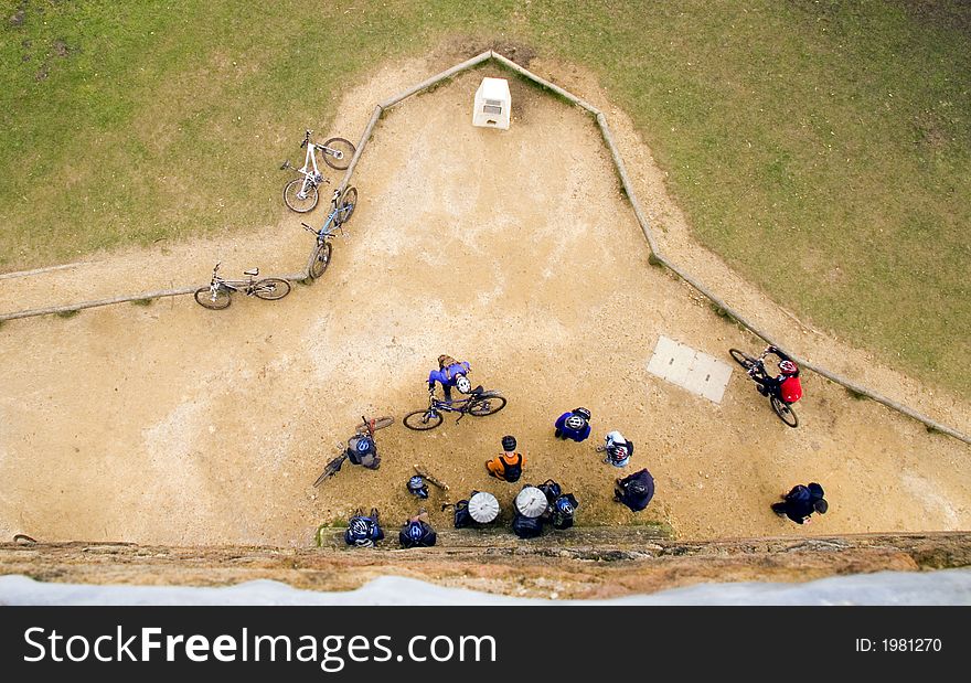 Cyclists stopped for a break, view from above