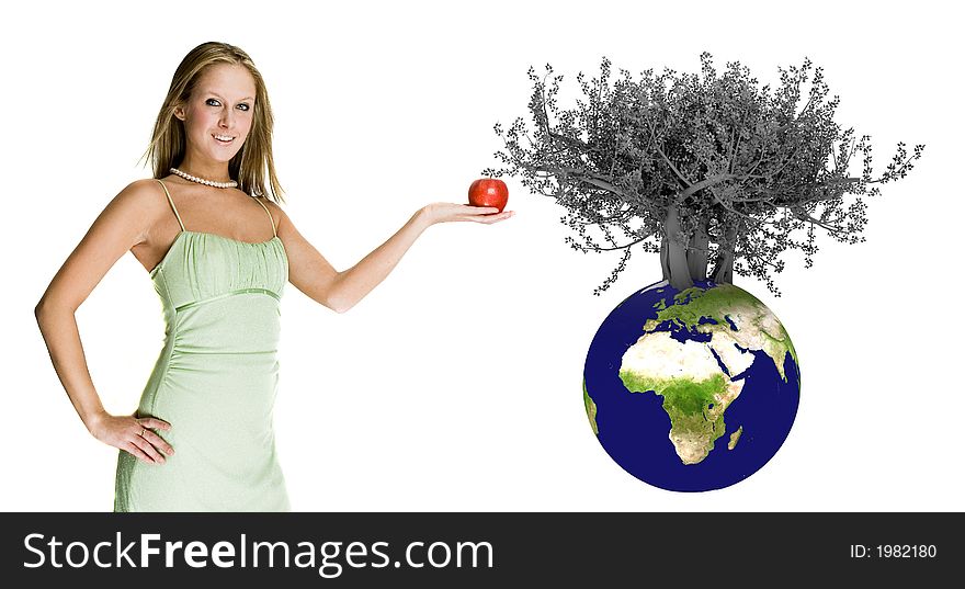 Sexy woman picking a apple from a tree growing from earth. Sexy woman picking a apple from a tree growing from earth