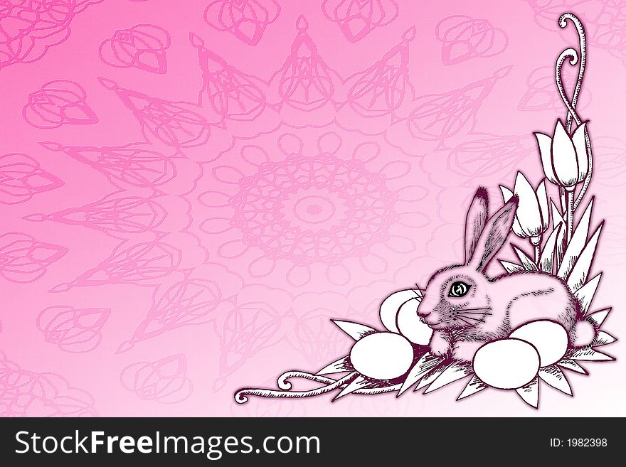 Pretty illustration with easter eggs , tulips and bunny over pink background .Great holiday stationary template with lots of room for text. Pretty illustration with easter eggs , tulips and bunny over pink background .Great holiday stationary template with lots of room for text.