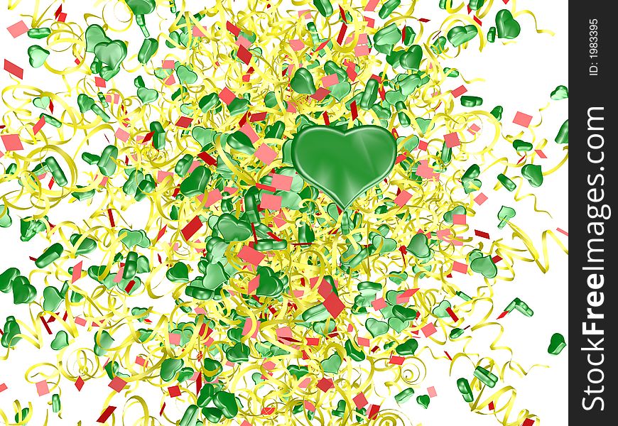 The green hearts and paper streamers firework  . The green hearts and paper streamers firework