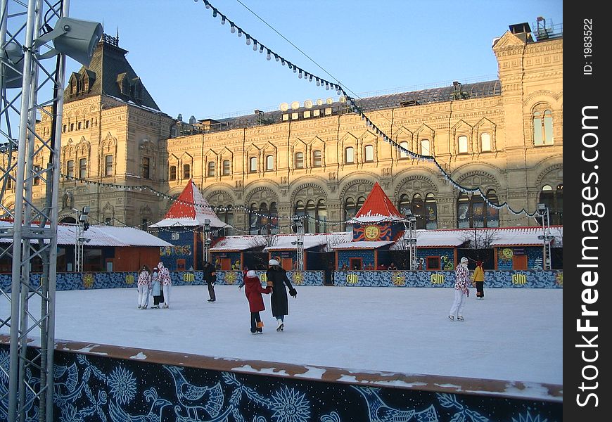 Winter. people on the skating ring at red squre, Moskow