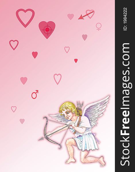 Hand drawn illustration of cupid with bow and arrow over pretty pink background with hearts.Great holiday stationary. Hand drawn illustration of cupid with bow and arrow over pretty pink background with hearts.Great holiday stationary.