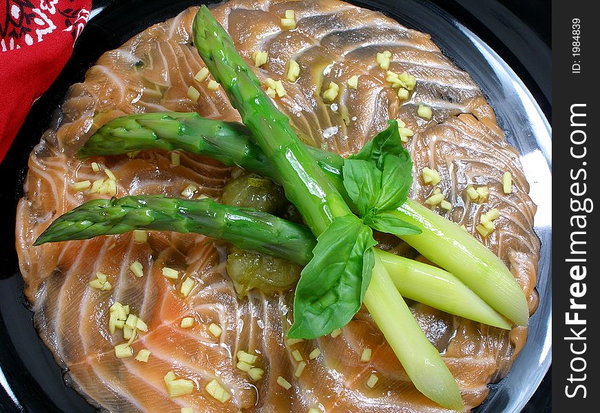 Carpaccio of salmon with ginger lemon chutney and asparagus. Carpaccio of salmon with ginger lemon chutney and asparagus