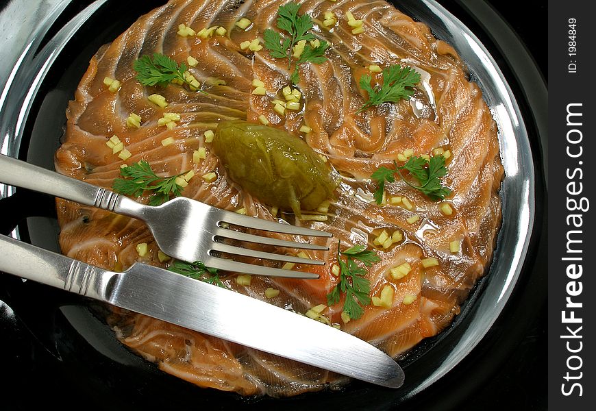 Carpaccio of salmon with ginger and lemon chutney. Carpaccio of salmon with ginger and lemon chutney